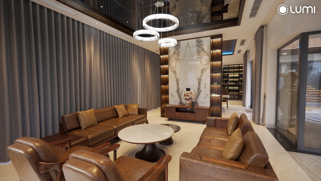 Không gian phòng khách sang trọng, tinh tế với hệ thống đèn downlight, spotlight…