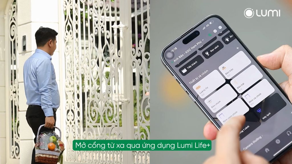 Anh Bảo mở cổng từ xa qua ứng dụng Lumi Life+