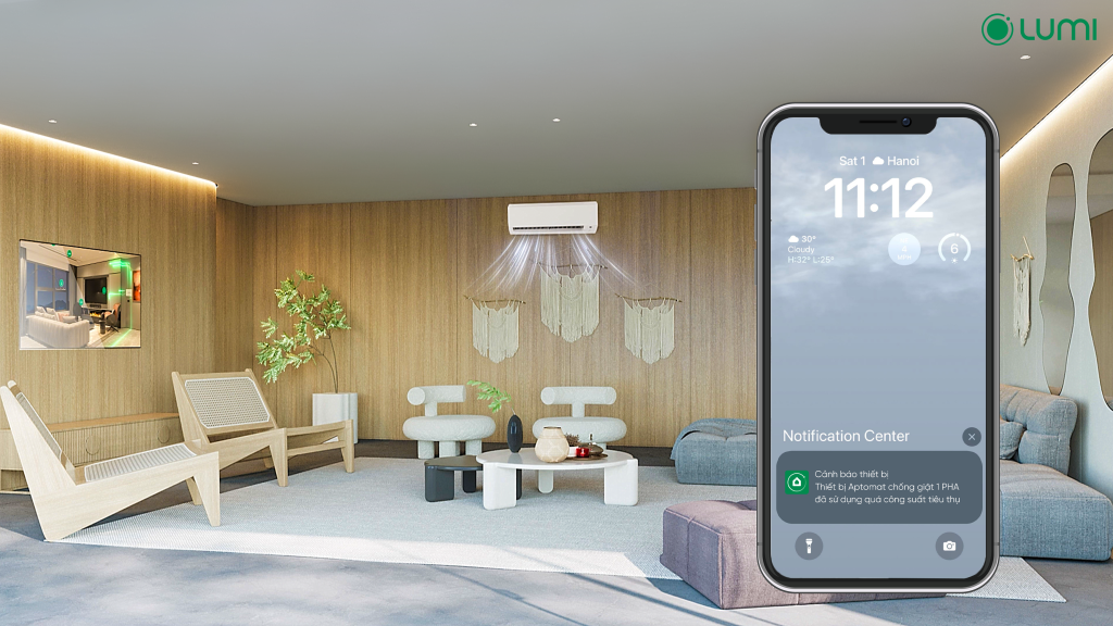 Aptomat chống giật gửi cảnh báo điện năng tiêu thụ khi mức tiêu thụ vượt ngưỡng cài đặt