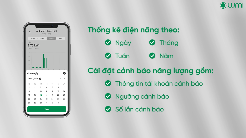 Người dùng có thể kiểm tra mức tiêu thụ điện theo ngày, tuần, tháng, năm qua app Lumi Life+