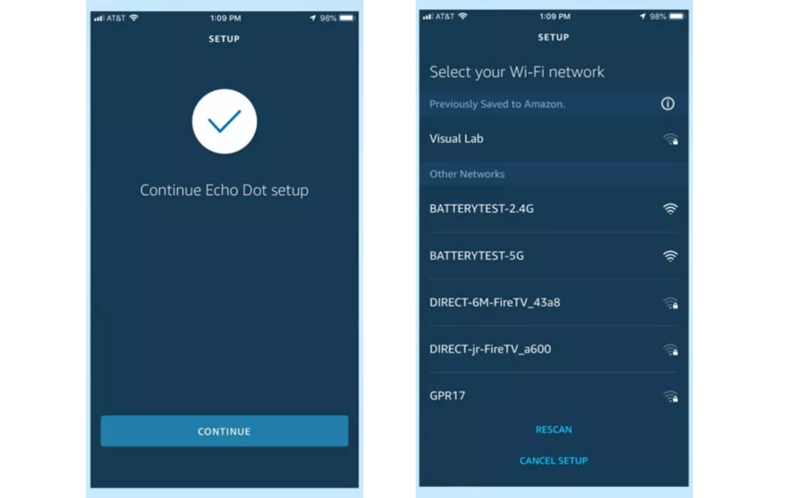 Quay lại ứng dụng Alexa, nhấn Tiếp tục (Continue) và chọn mạng Wi-Fi